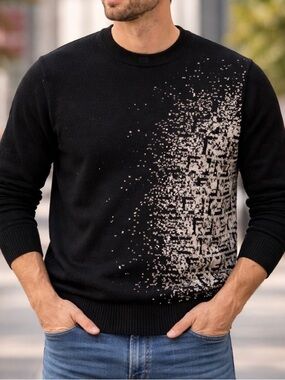 Black Crewneck Sweater with  Pixel Pattern